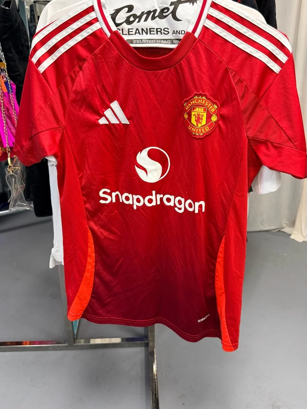 adidas Red Manchester United Soccer Jersey with White Accents